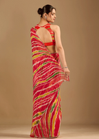 Red Chiffon Saree Back Pose - Stone Work Detail
