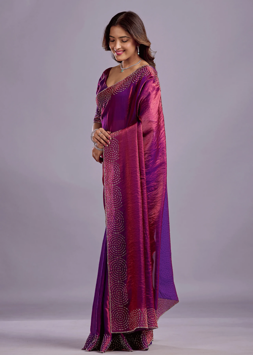 Magenta Tissue Silk Saree With Crystal Spiral Work