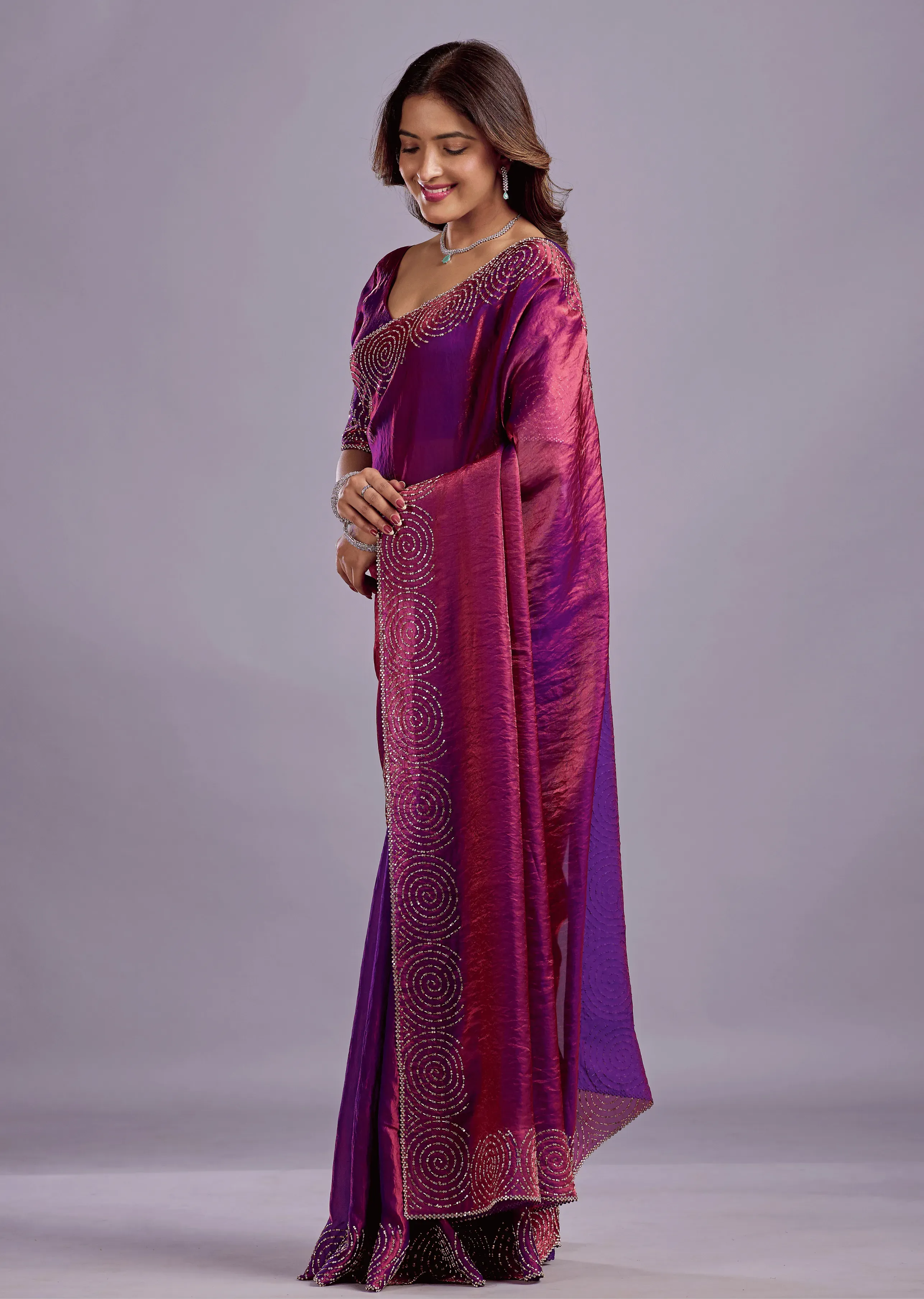 Magenta Tissue Silk Saree With Crystal Spiral Work