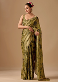 Olive Green Organza Silk Saree With Stone Work - Front Look | Buy On Ethnic9