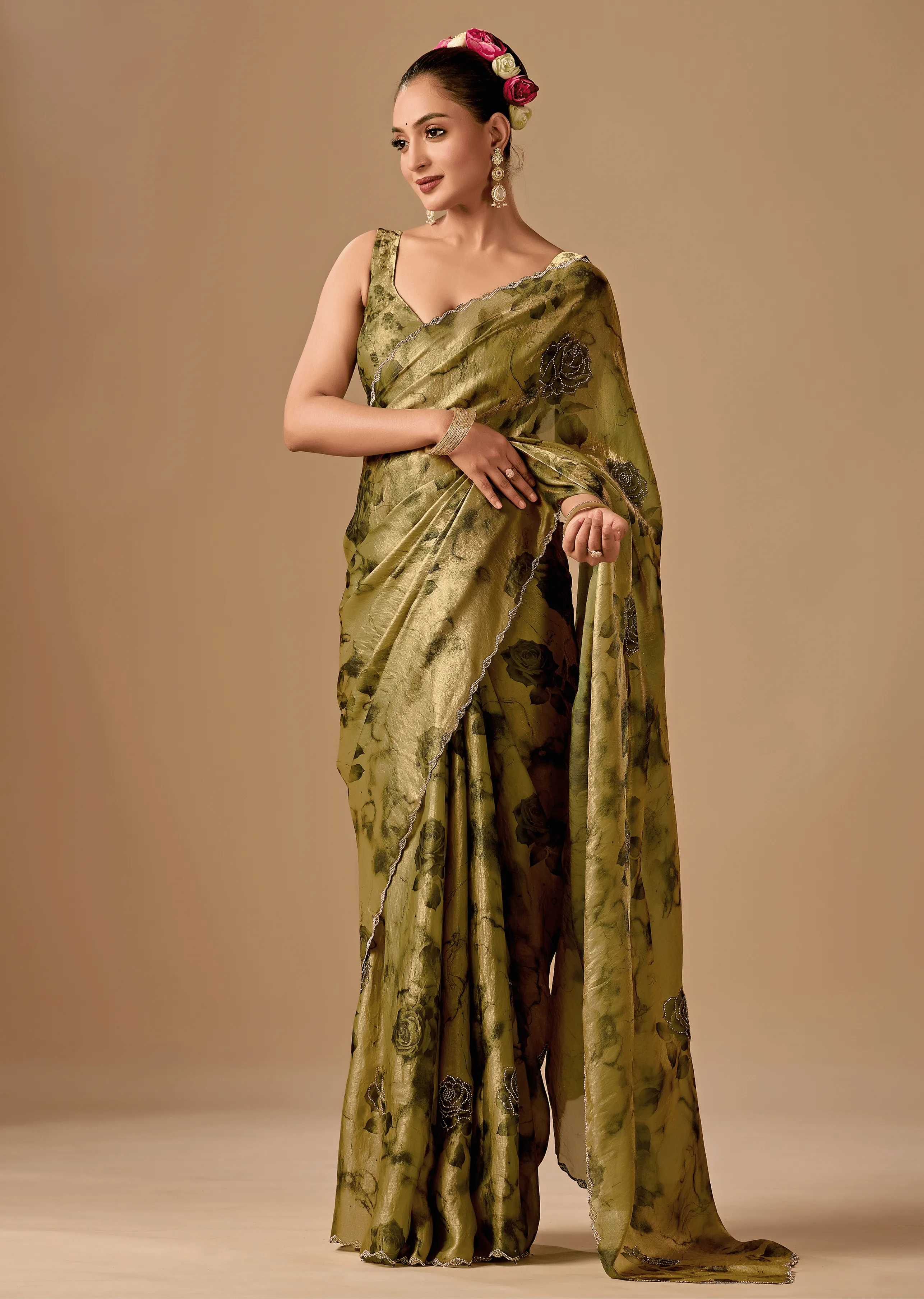 Olive Green Organza Silk Saree With Stone Work - Front Look | Buy On Ethnic9