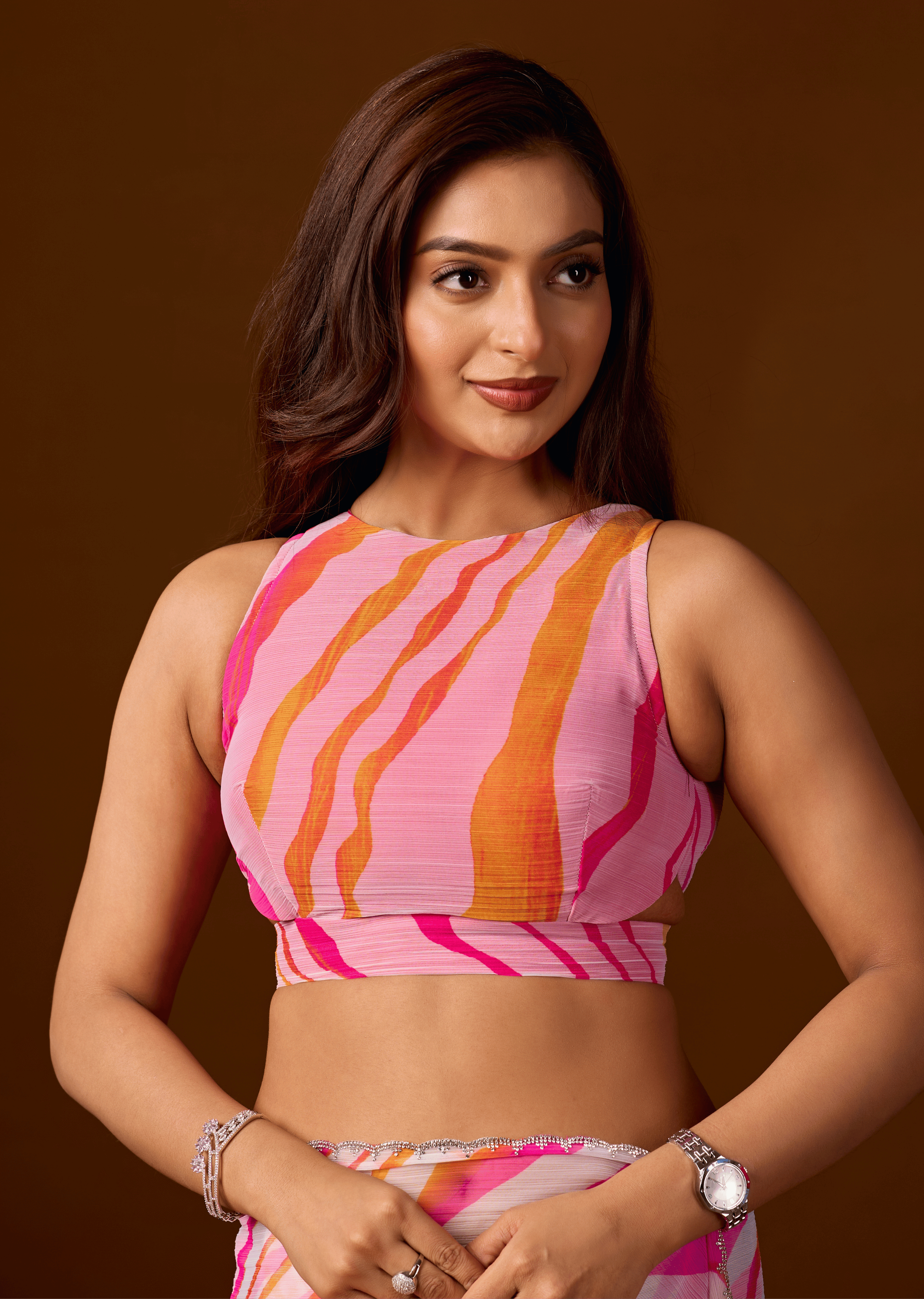 Pink Peach Chiffon Saree With Stone Work