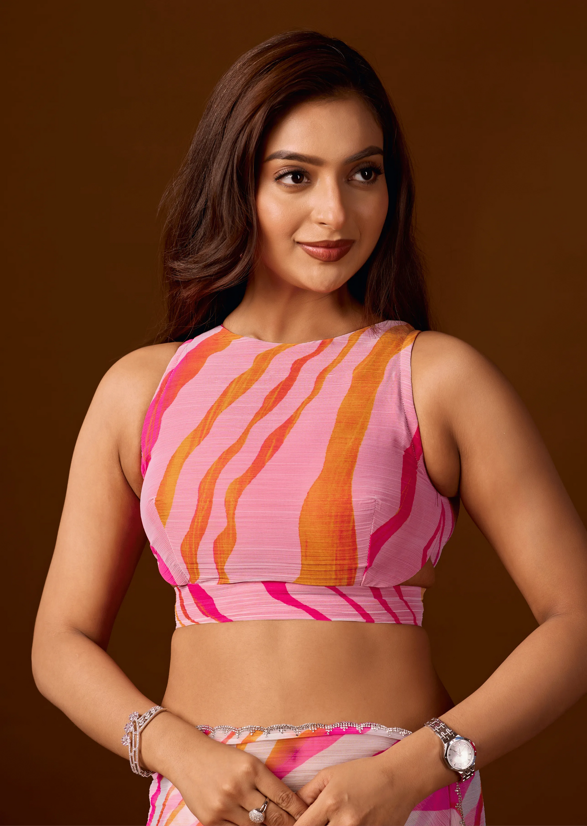Pink Peach Chiffon Saree Draped Look - Leheriya Print Design