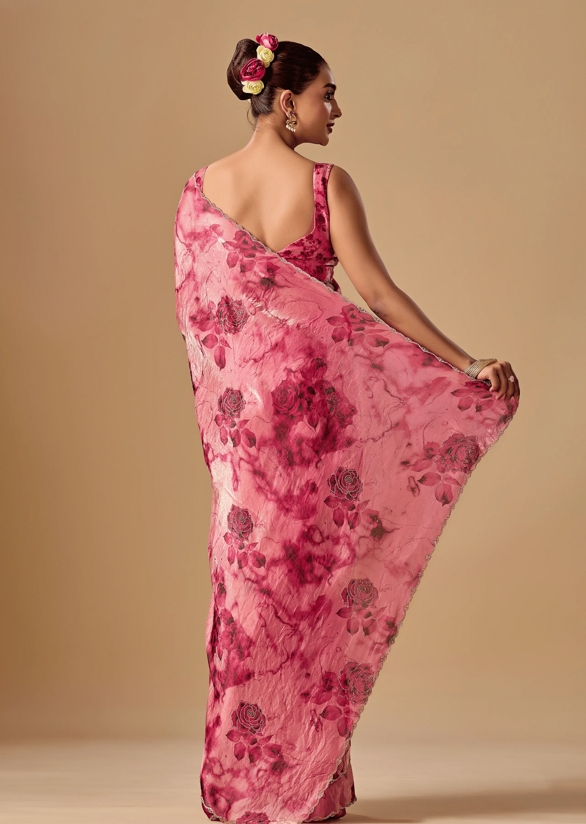  Rose Red Organza Silk Saree Back Pose - Stone Work Detail