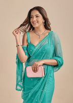 Sea Green Chiffon Saree With Floral Embroidery