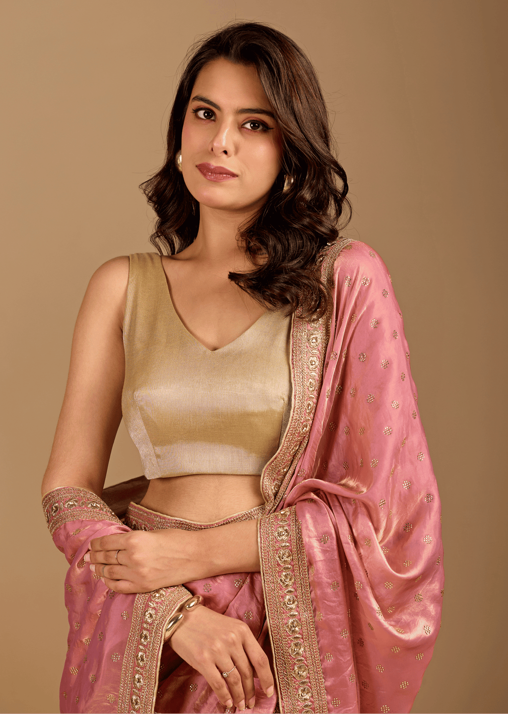 Rose Pink Tissue Silk Saree With Crystal Stone Border