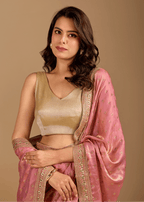Rose Pink Tissue Silk Saree With Crystal Stone Border