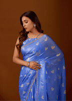 Sky Blue Organza Silk Saree With Heart Print & Stone Work