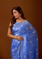  Sky Blue Organza Silk Saree Draped Look - Stone Work Design