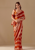 Copper Rust Tissue Silk Saree With Metallic Stripe Weave
