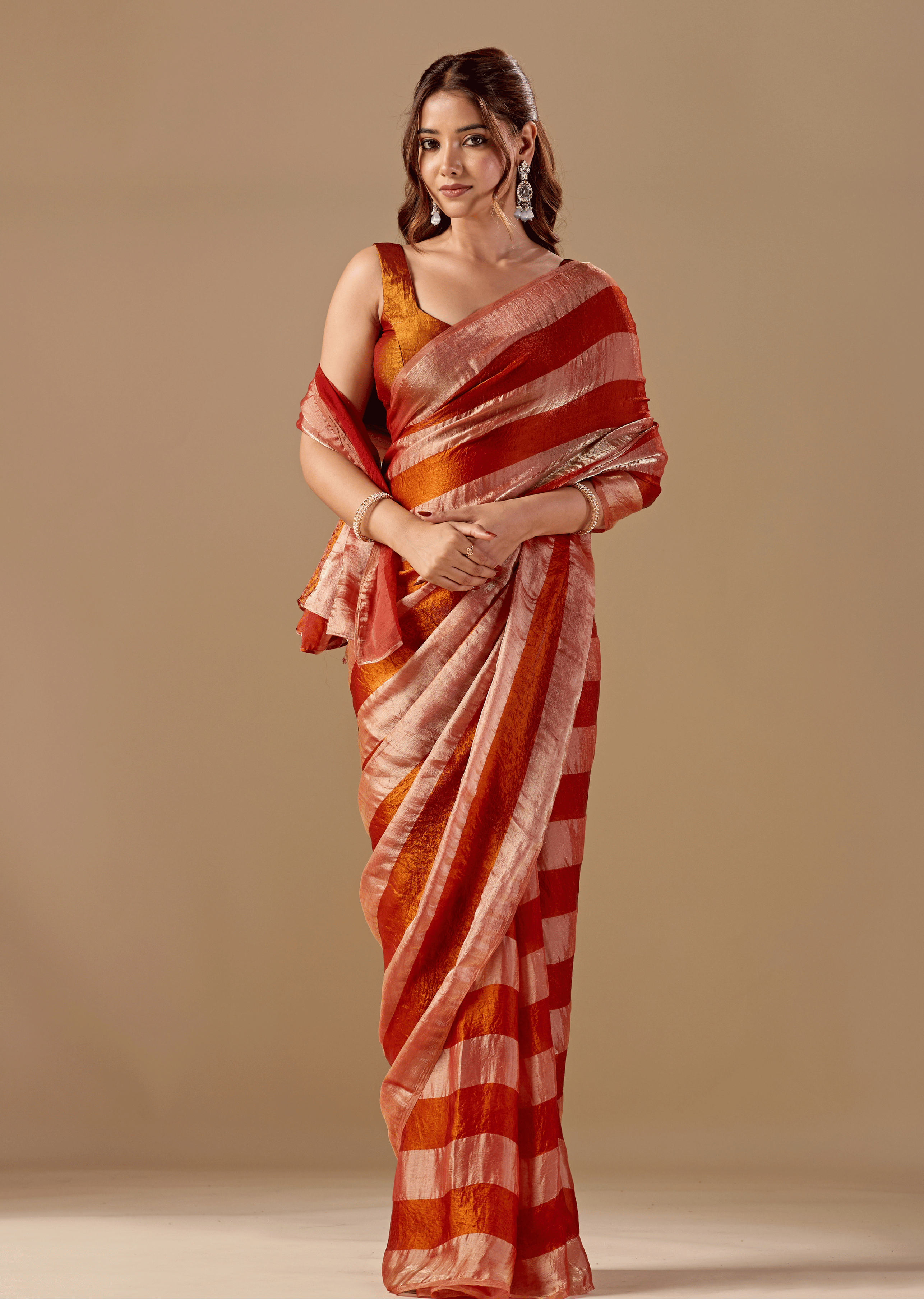 Copper Rust Tissue Silk Saree With Metallic Stripe Weave