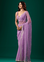Lavender Chiffon Saree With Floral Embroidery