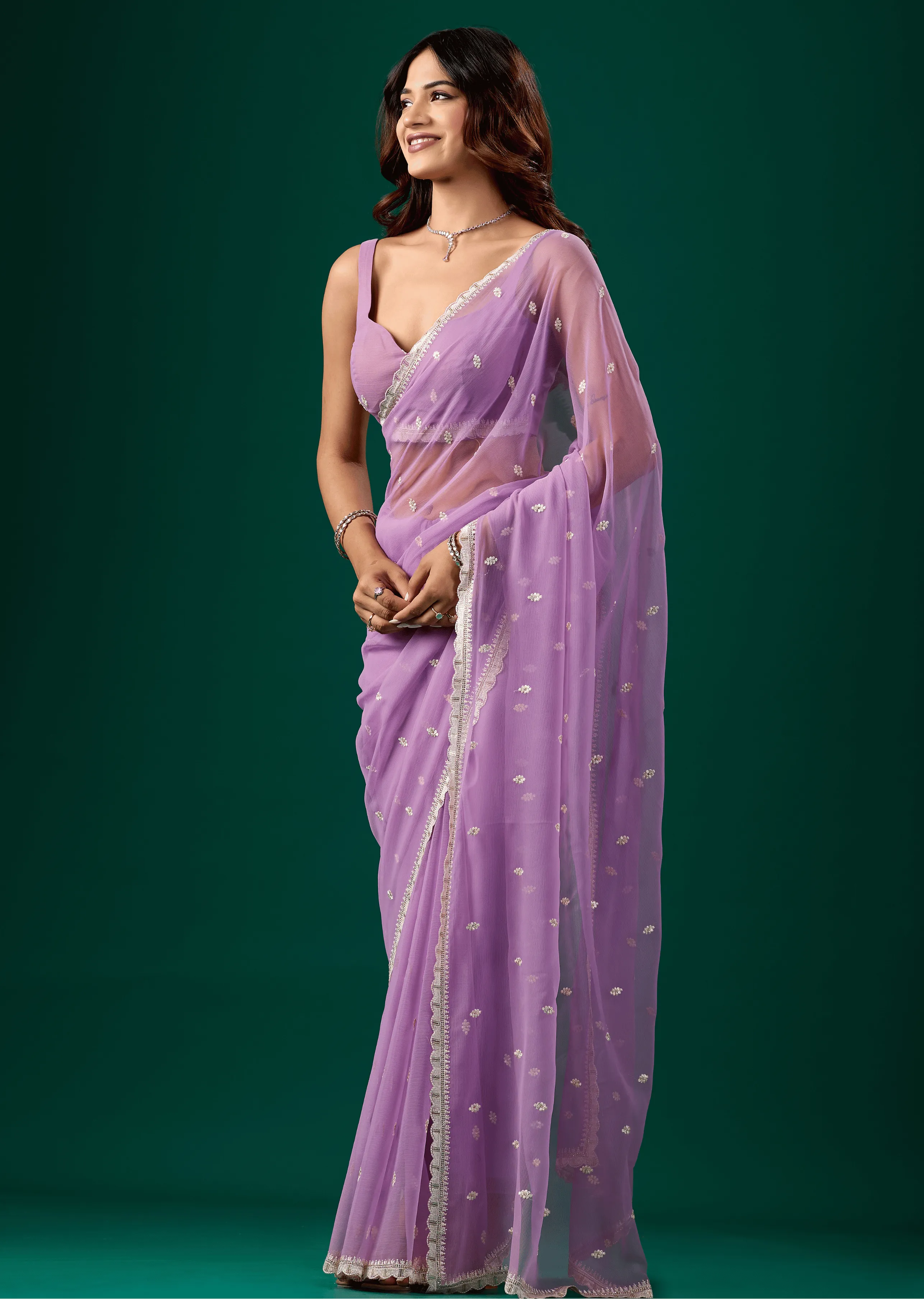 Lavender Chiffon Saree Standing Look - Party Wear Saree