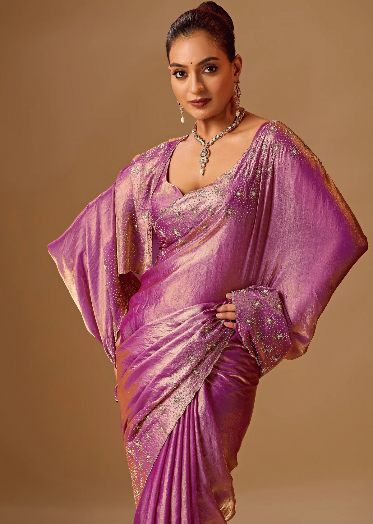 Orchid Purple Tissue Silk Saree With Stone Embroidery