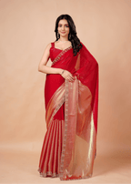 Red Tissue Silk Saree With Stone Border