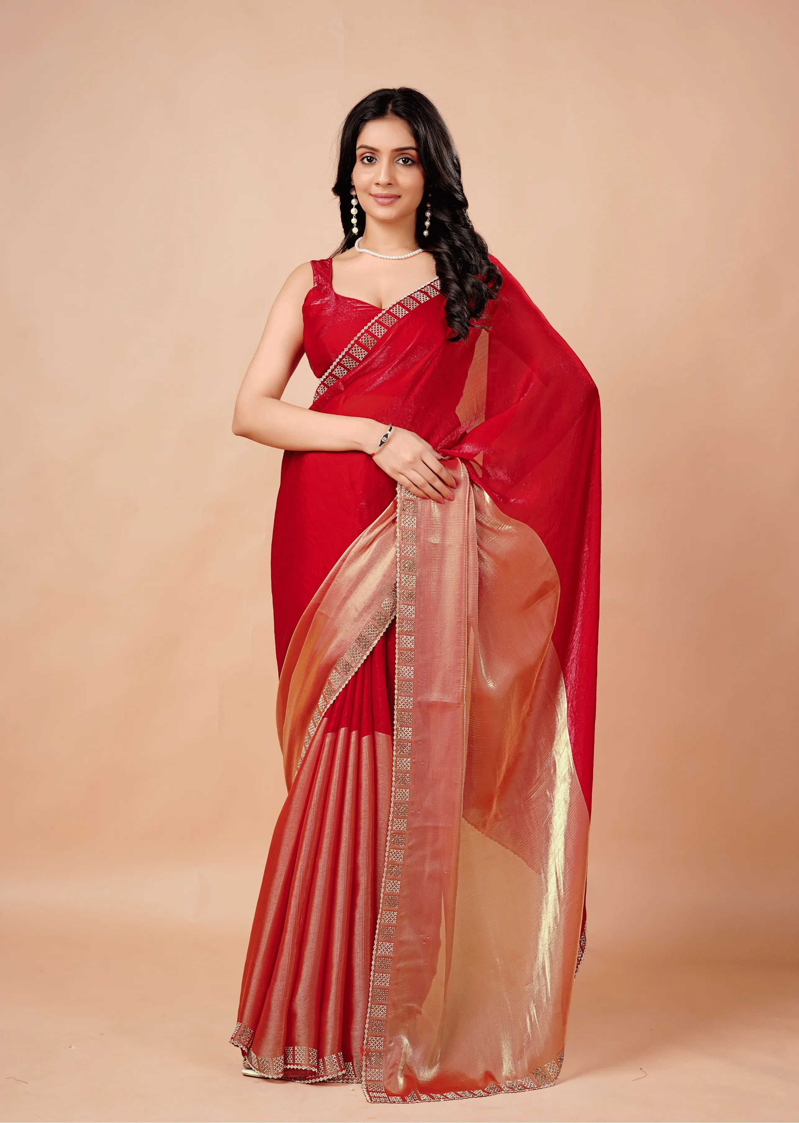  Red Tissue Silk Saree With Stone Border - Front Look | Buy On Ethnic9
