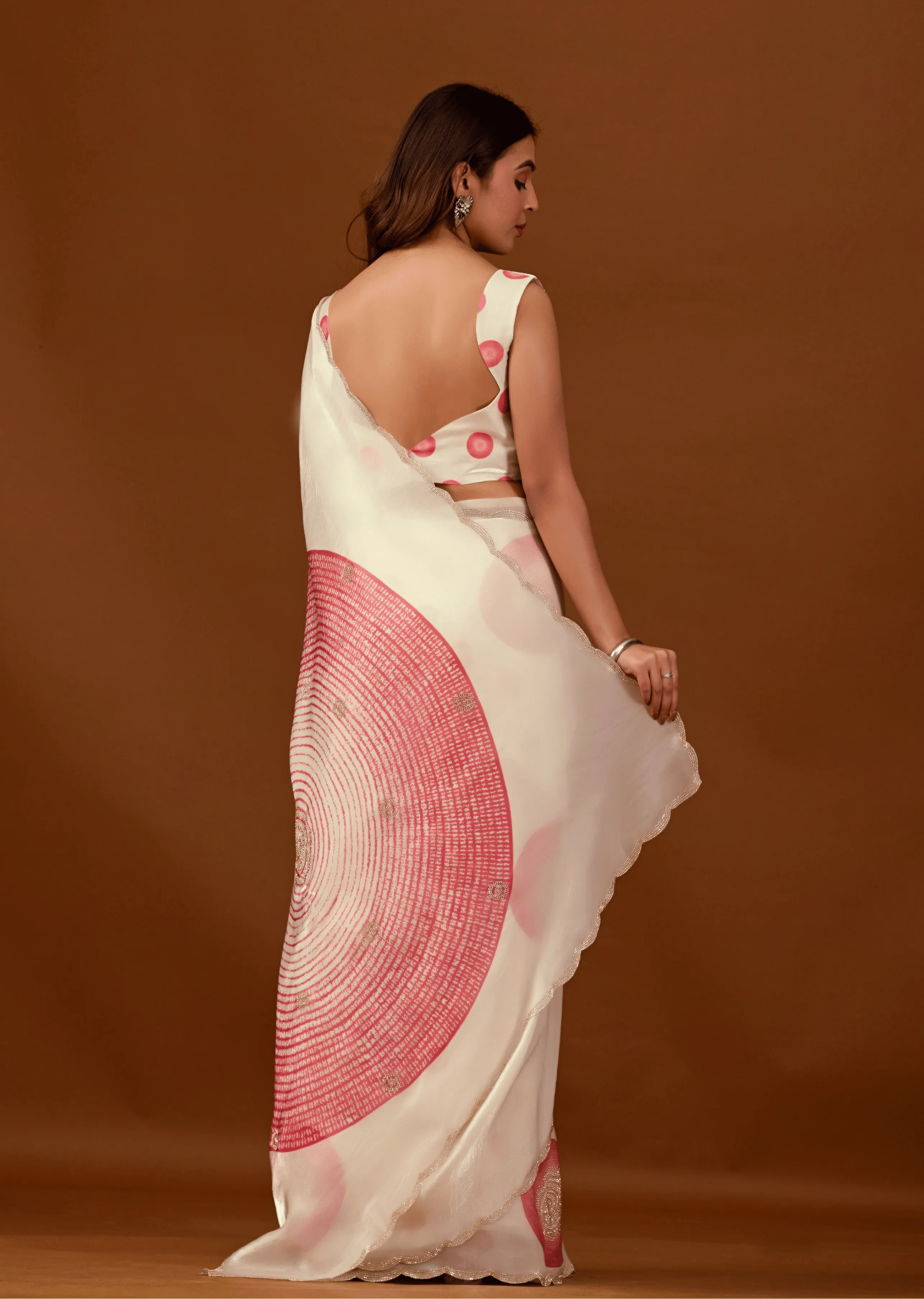 Ivory Organza Silk Saree Back Pose - Stone Work Detail