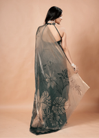 Bottle Green Organza Silk Saree With Foil Botanical Print