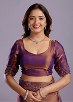 Copper Purple Tissue Silk Saree Blouse Close Up - Stone Work Detailing