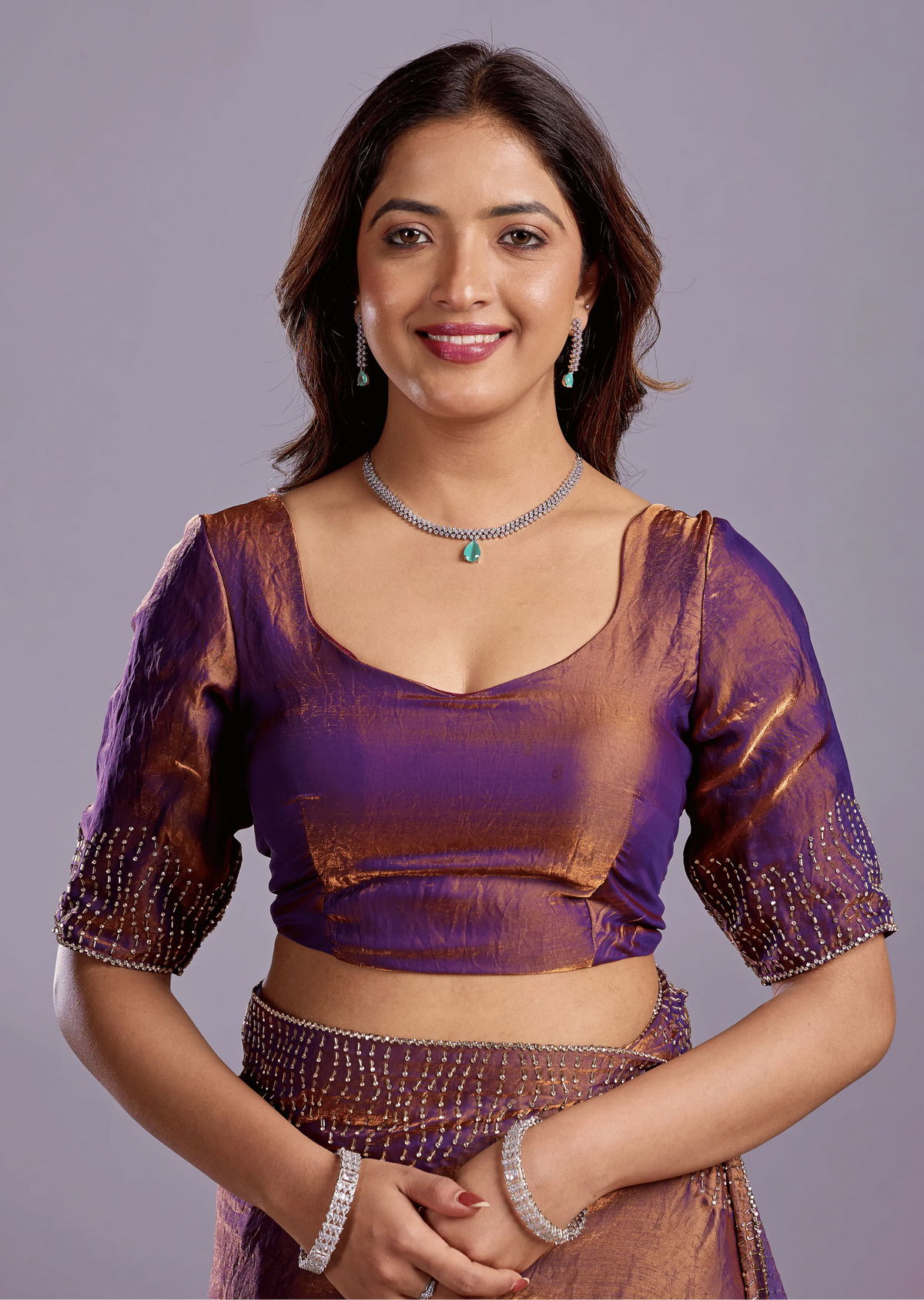 Copper Purple Tissue Silk Saree Blouse Close Up - Stone Work Detailing