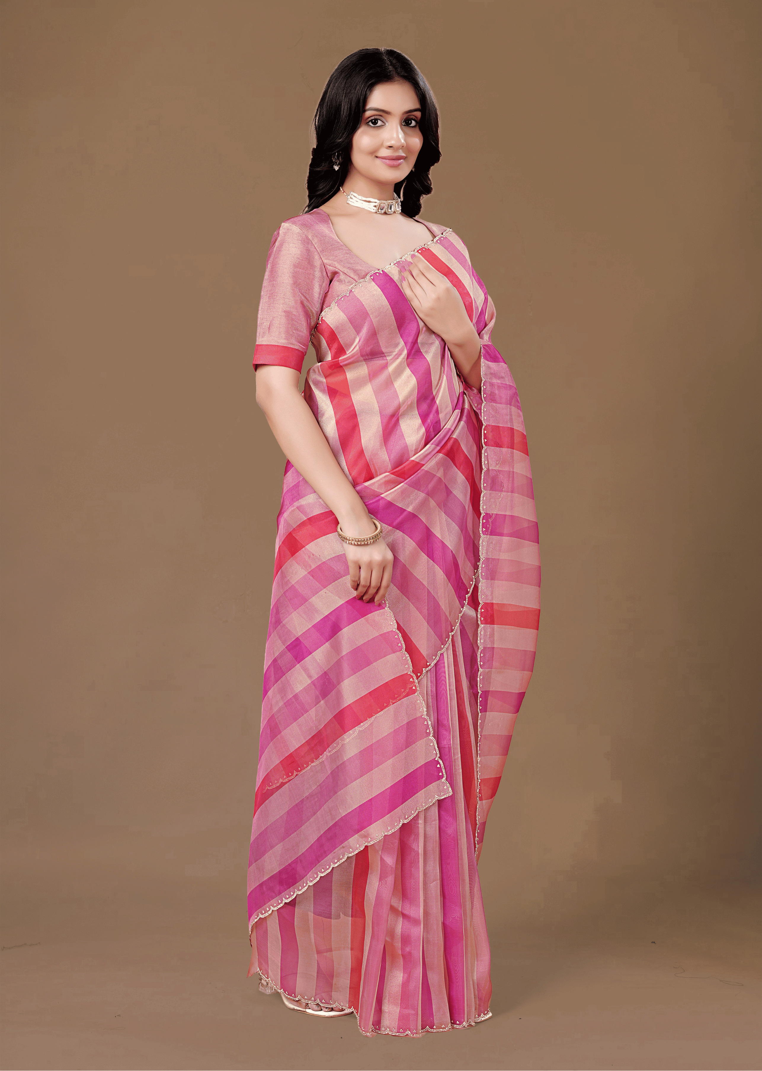 Pink Organza Saree With Striped Print