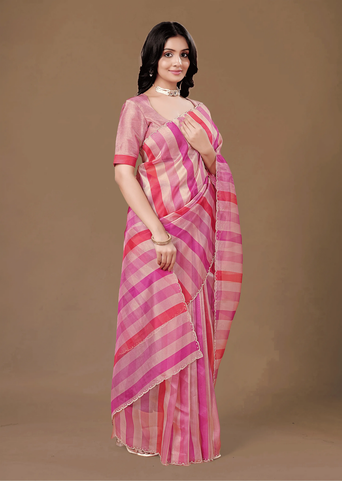 Pink Organza Saree Side Pose - Festive Wear Saree