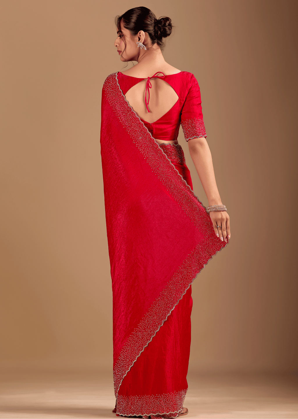 Red Tissue Silk Saree With Stone Work Border