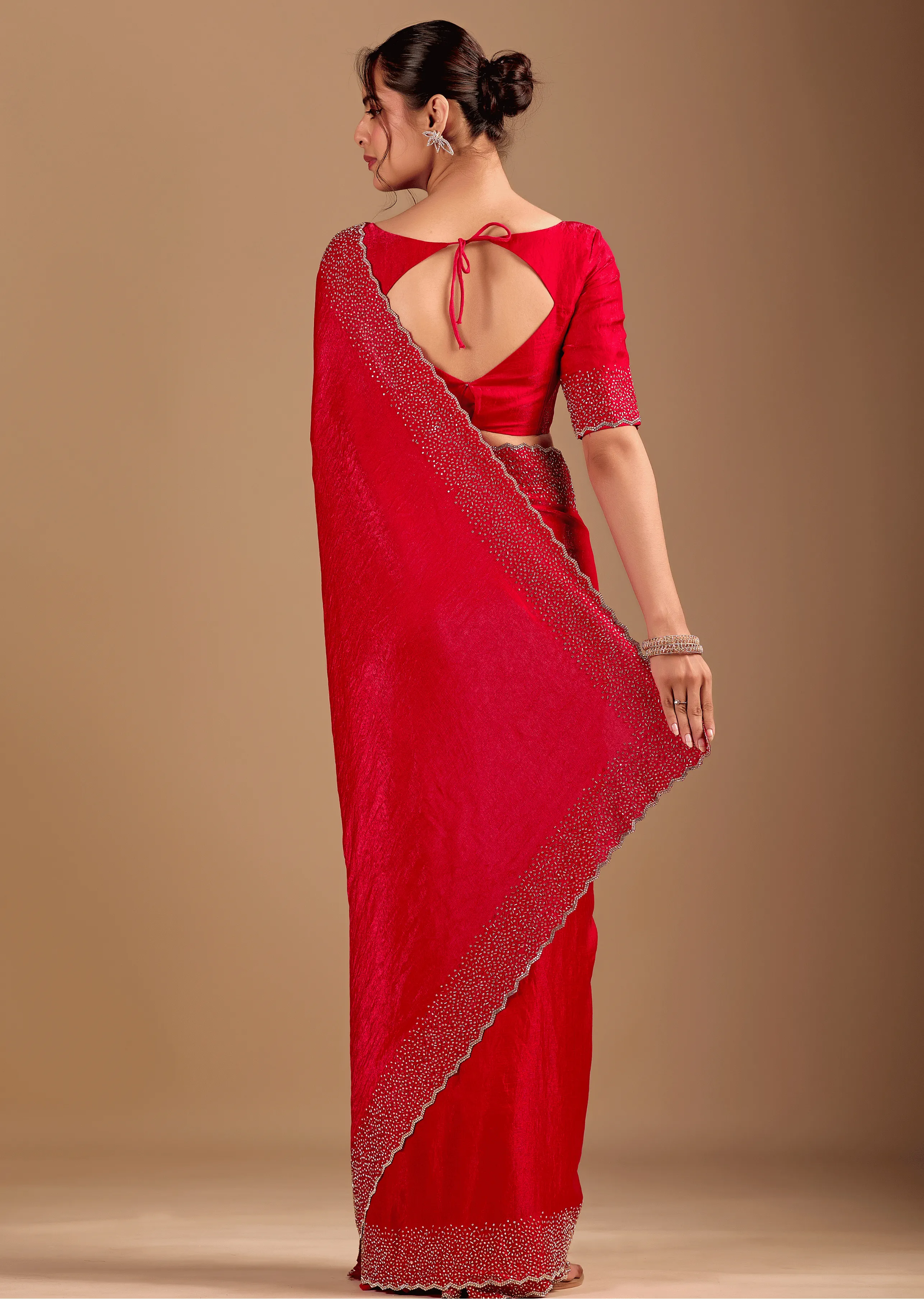 Red Tissue Silk Saree Back Pose - Stone Work Border Detail