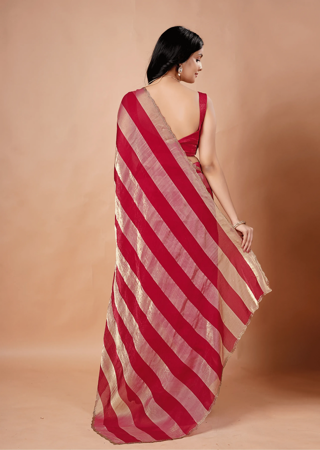 Rani Pink Tissue Silk Saree With Metallic Stripe Work
