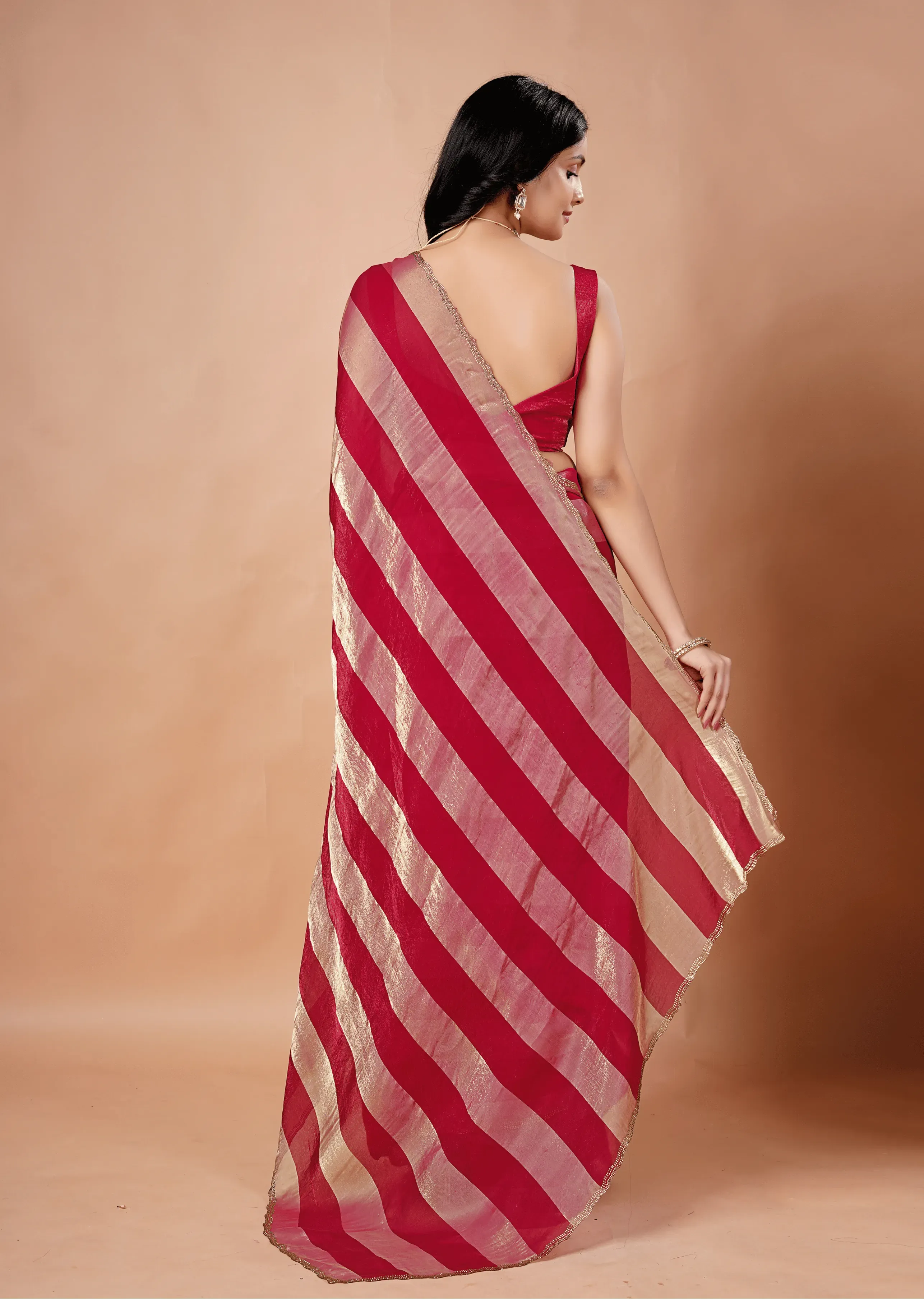 Rani Pink Tissue Silk Saree With Metallic Stripe Work