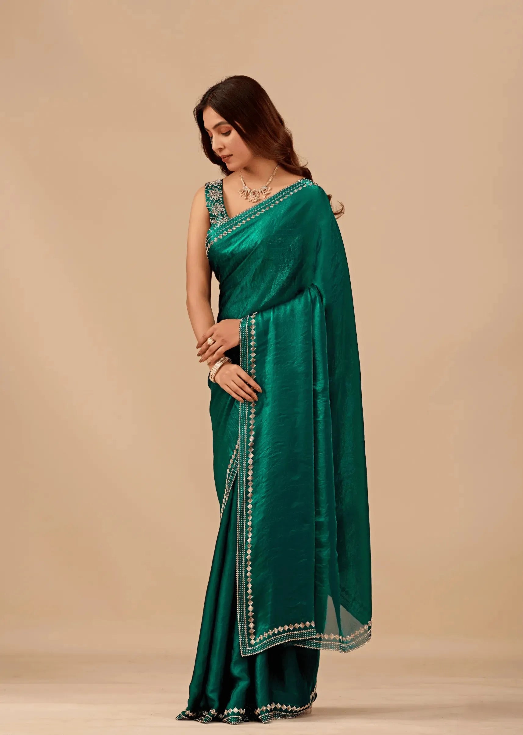 Emerald Teal Tissue Silk Saree With Crystal Border Work