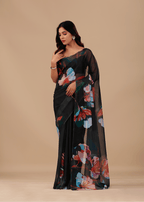 Black Soft Organza Saree With Floral Print