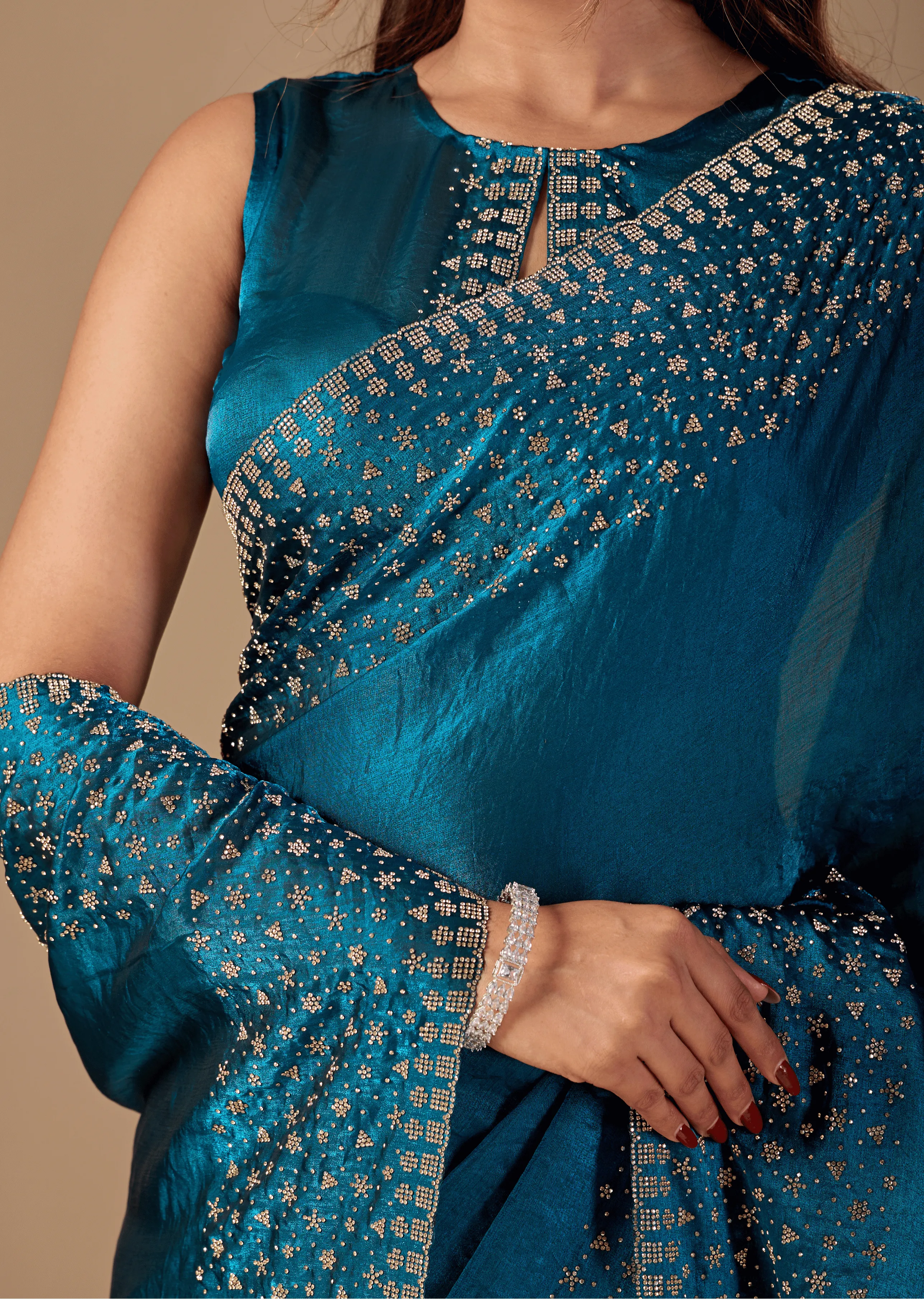  Teal Blue Tissue Silk Saree Standing Look - Party Wear Saree
