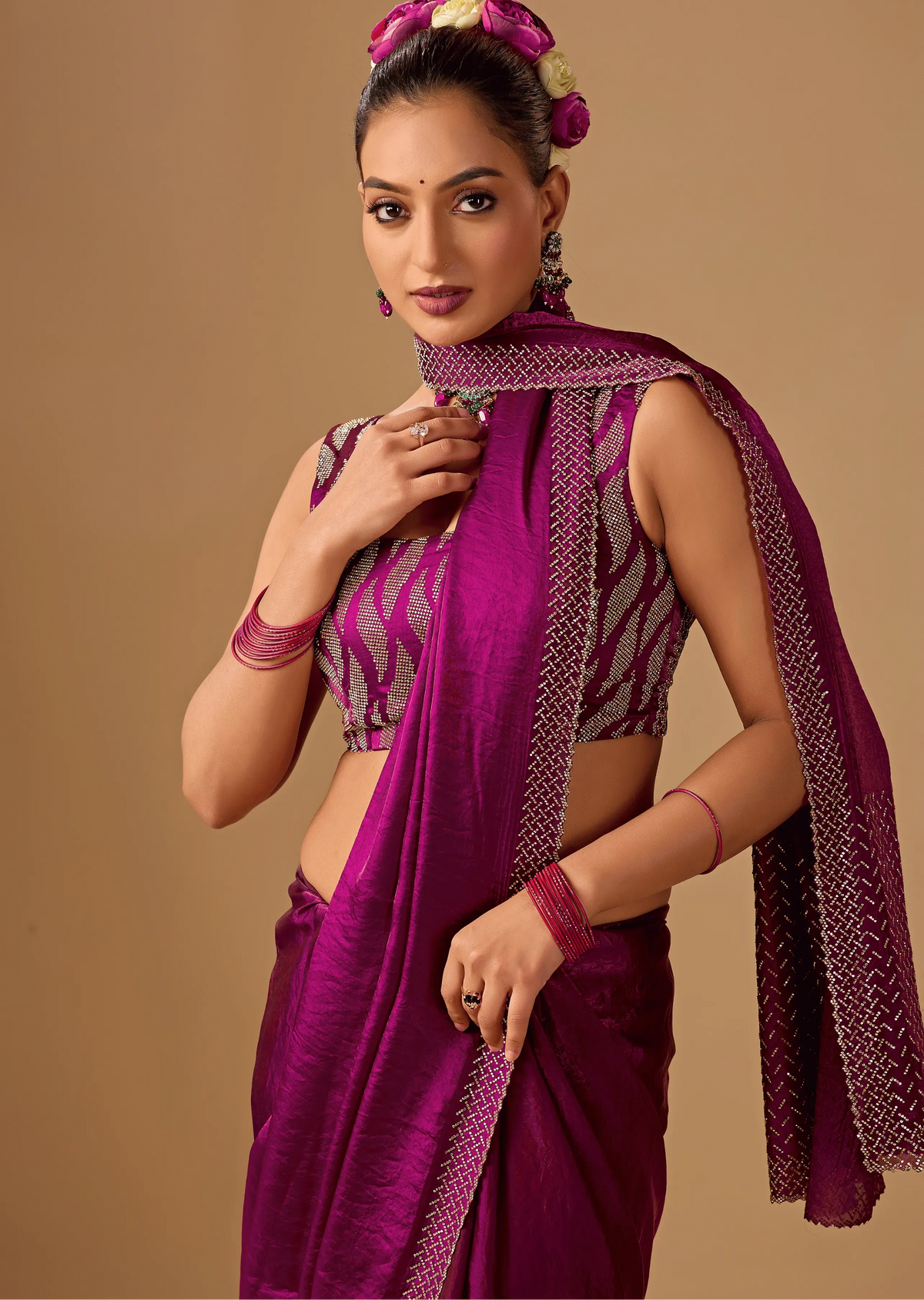 Magenta Purple Tissue Silk Saree With Crystal Stone Border