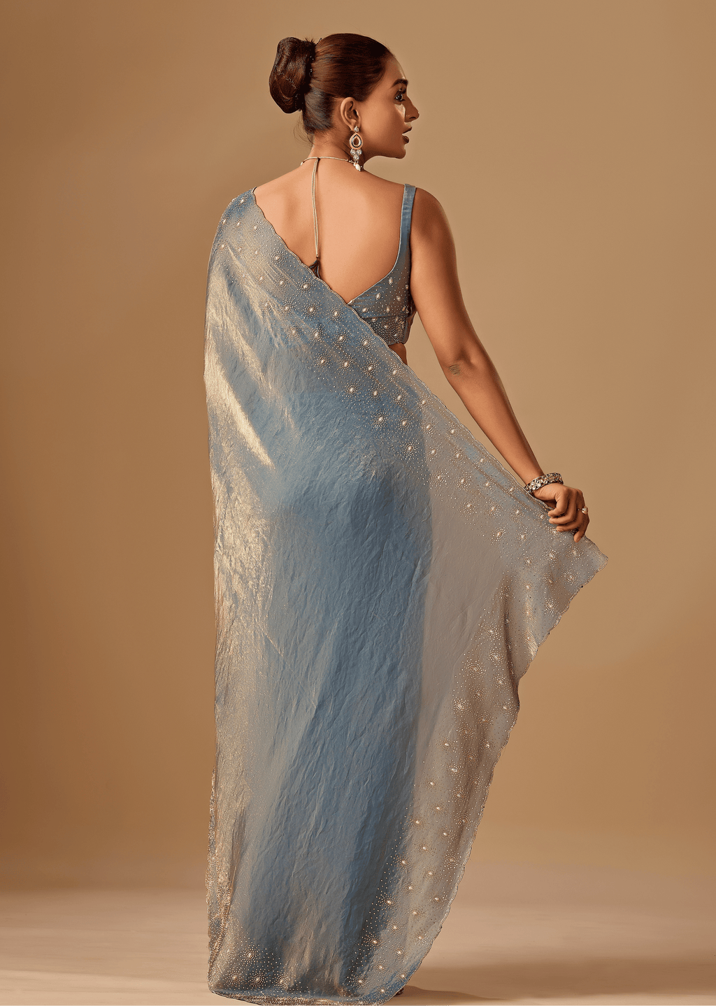 Steel Blue Tissue Silk Saree With Stone Work