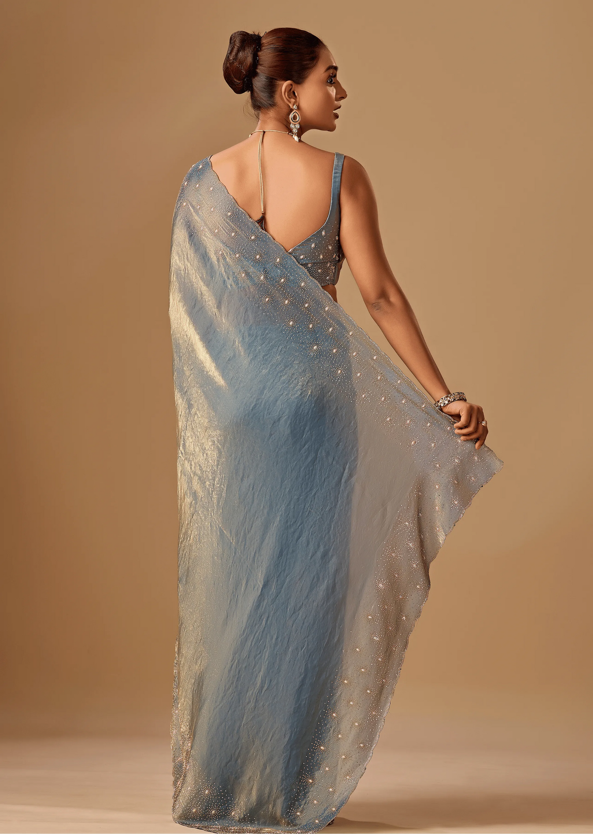 Steel Blue Tissue Silk Saree Back Pose - Stone Work Detail