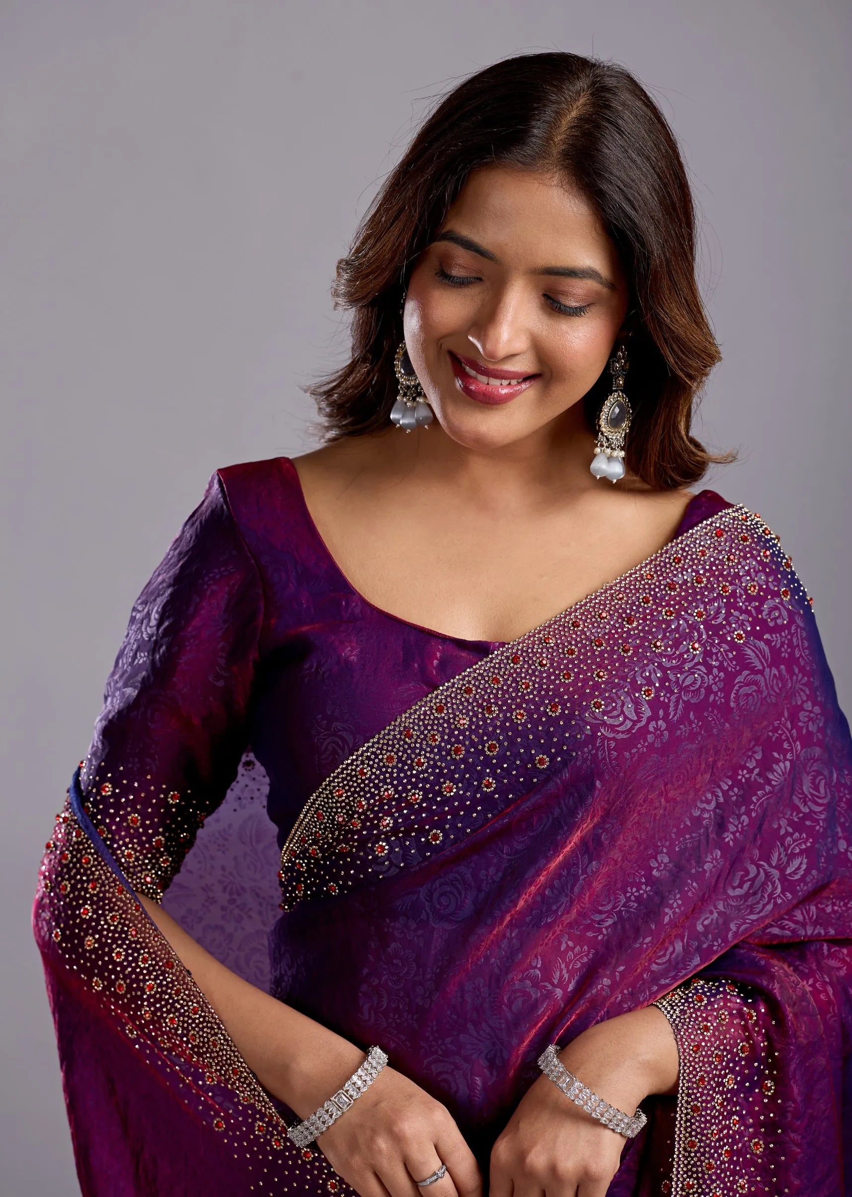  Purple Tissue Silk Saree Side Pose - Wedding Wear Saree
