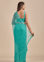 Sea Green Chiffon Saree With Floral Embroidery