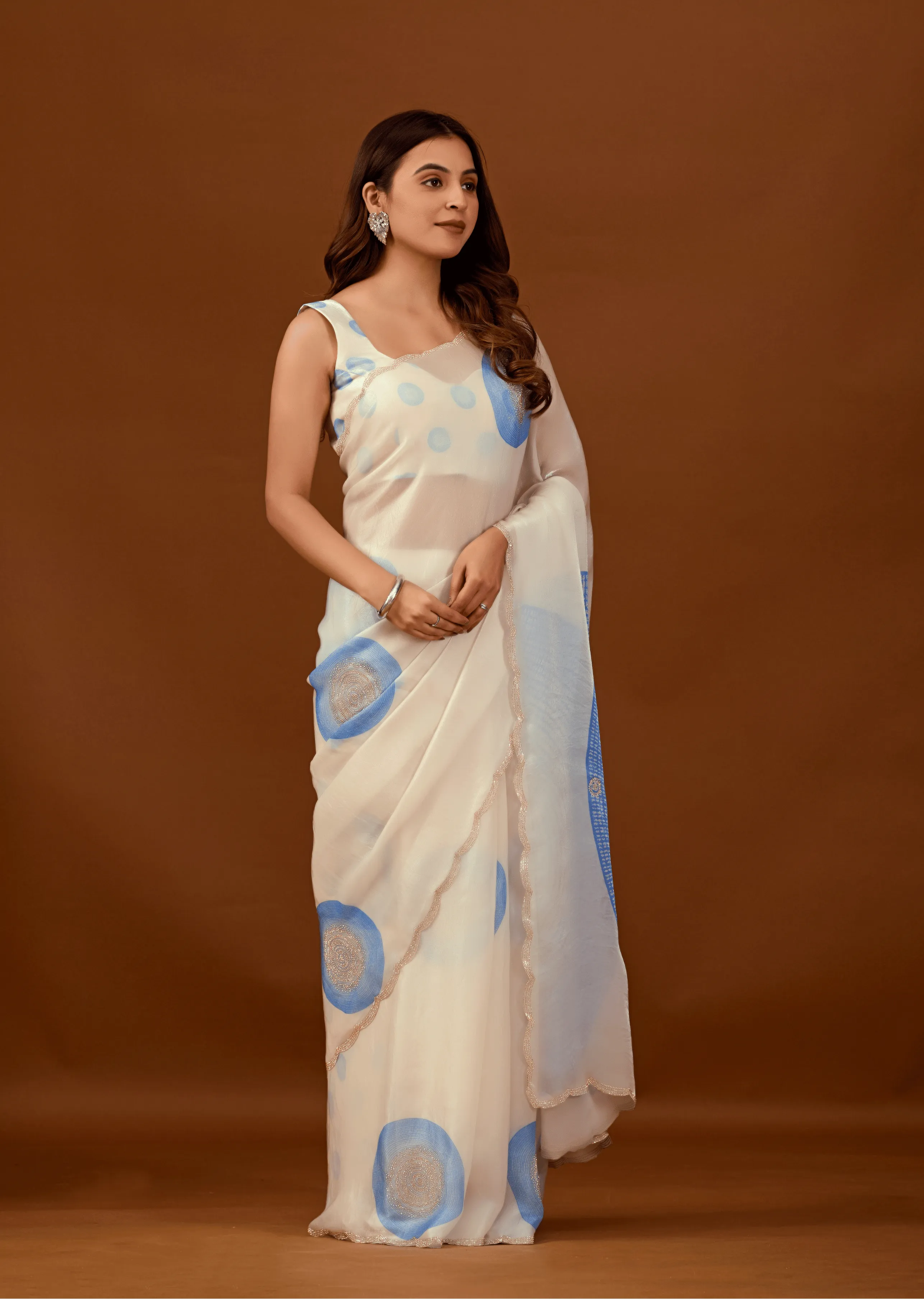 Off White Organza Silk Saree Standing Look - Party Wear Saree