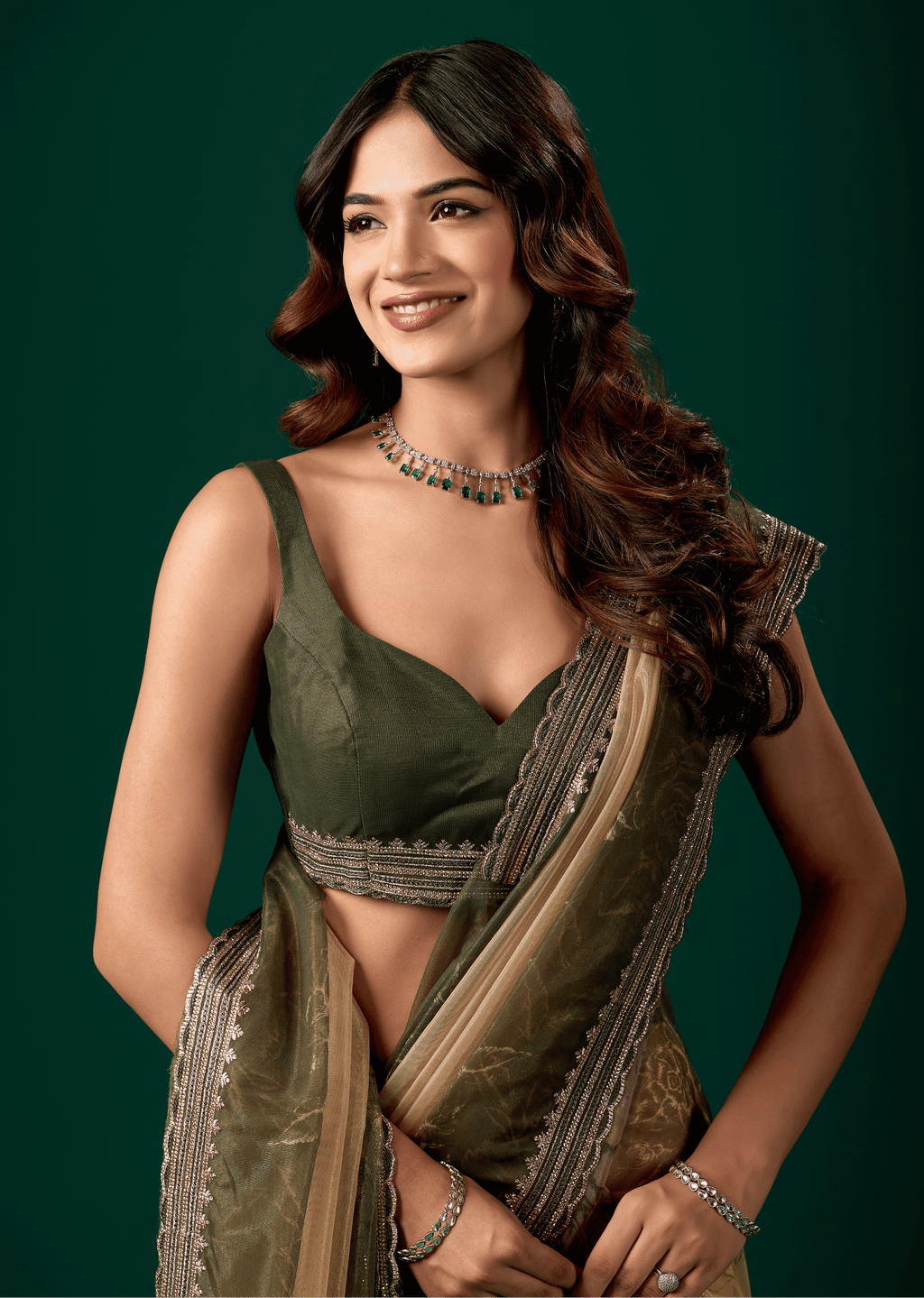 Olive Green Organza Saree With Floral Print
