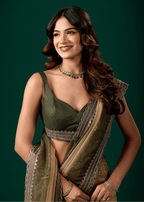 Olive Green Organza Saree With Floral Print