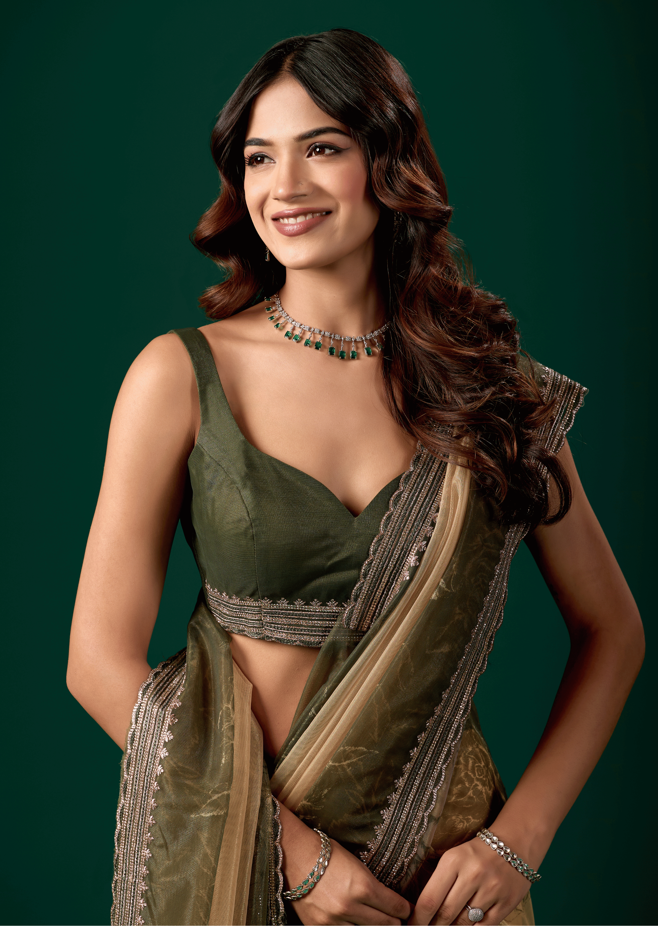 Olive Green Organza Saree With Floral Print