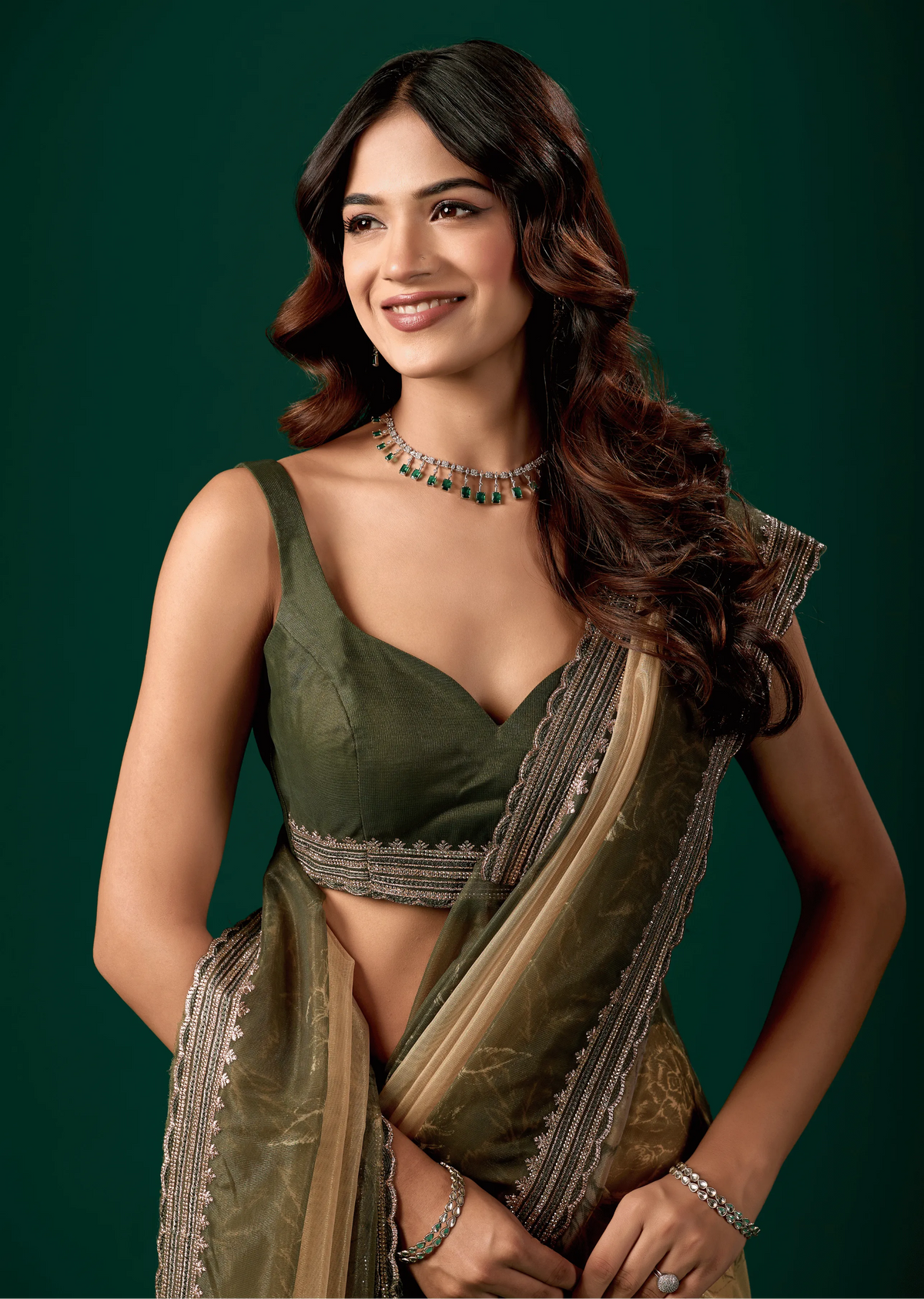 Olive Green Organza Saree Blouse Close Up - Embellished Border Detail