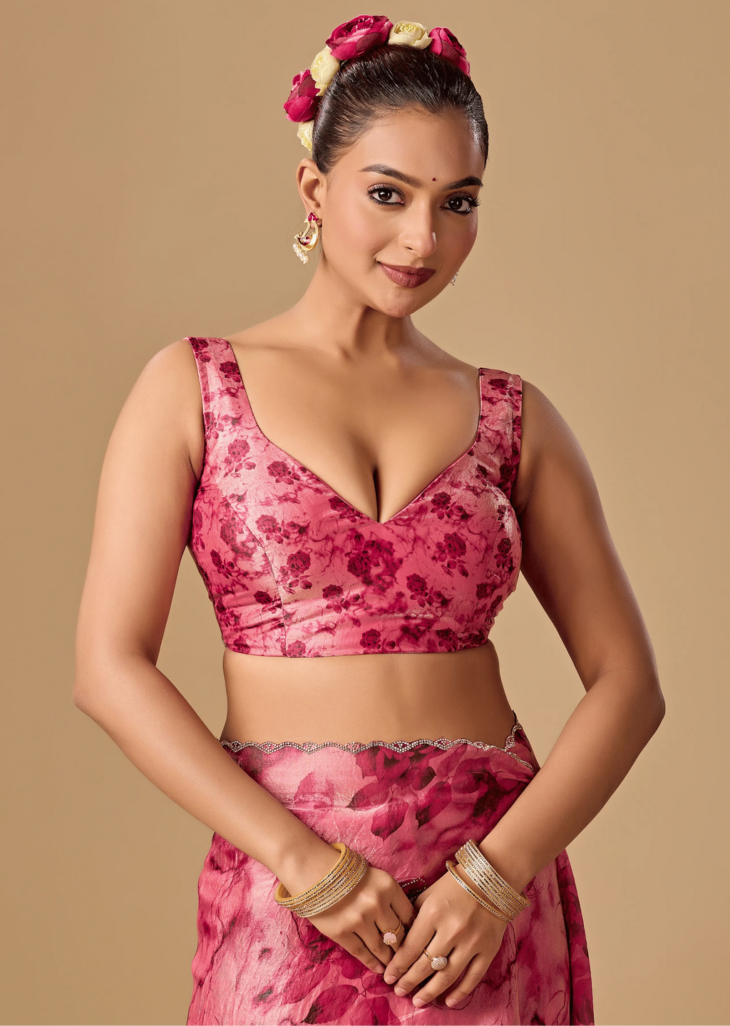 Rose Red Organza Silk Saree Blouse Close Up - Floral Print Detailing