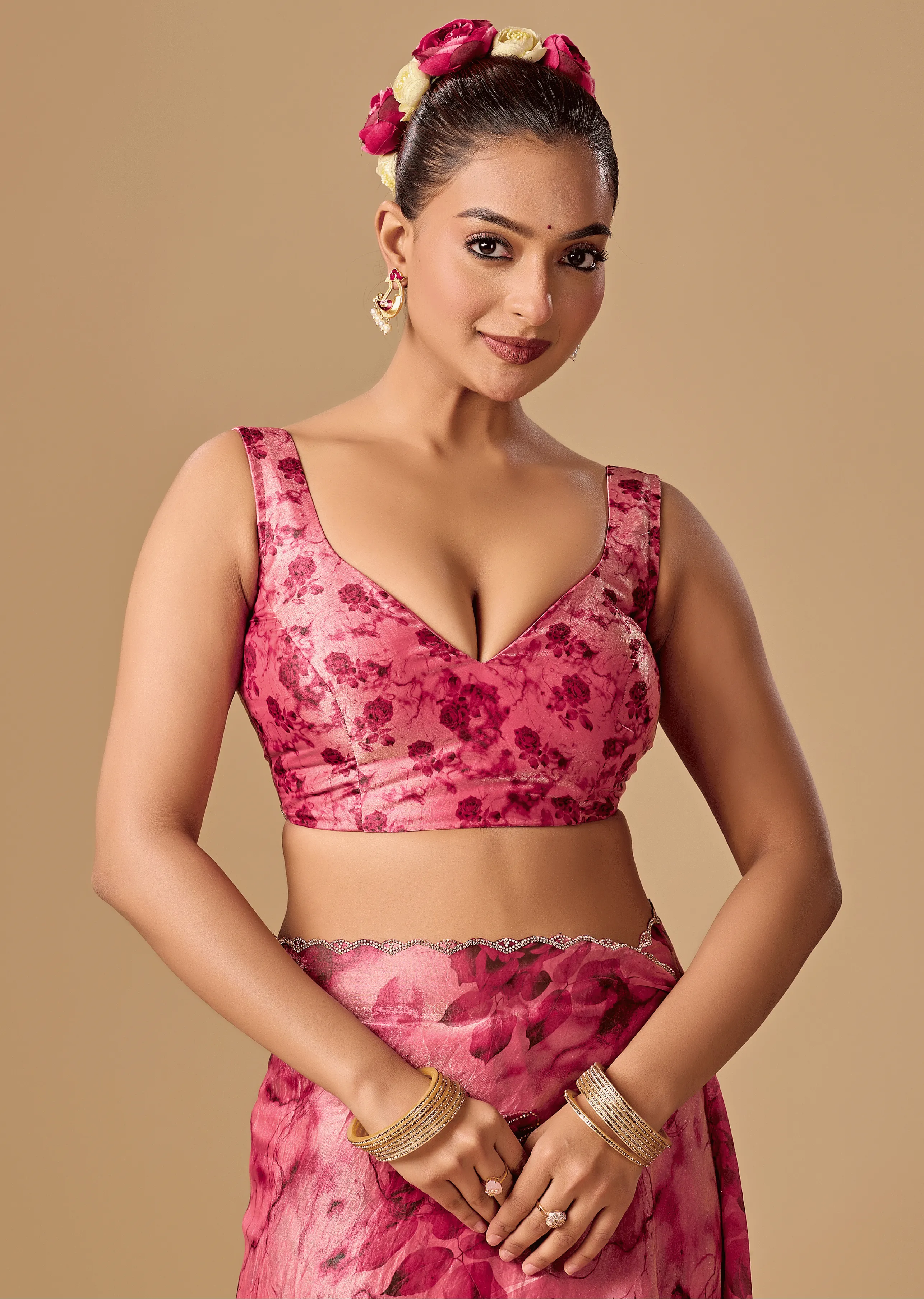Rose Red Organza Silk Saree Blouse Close Up - Floral Print Detailing