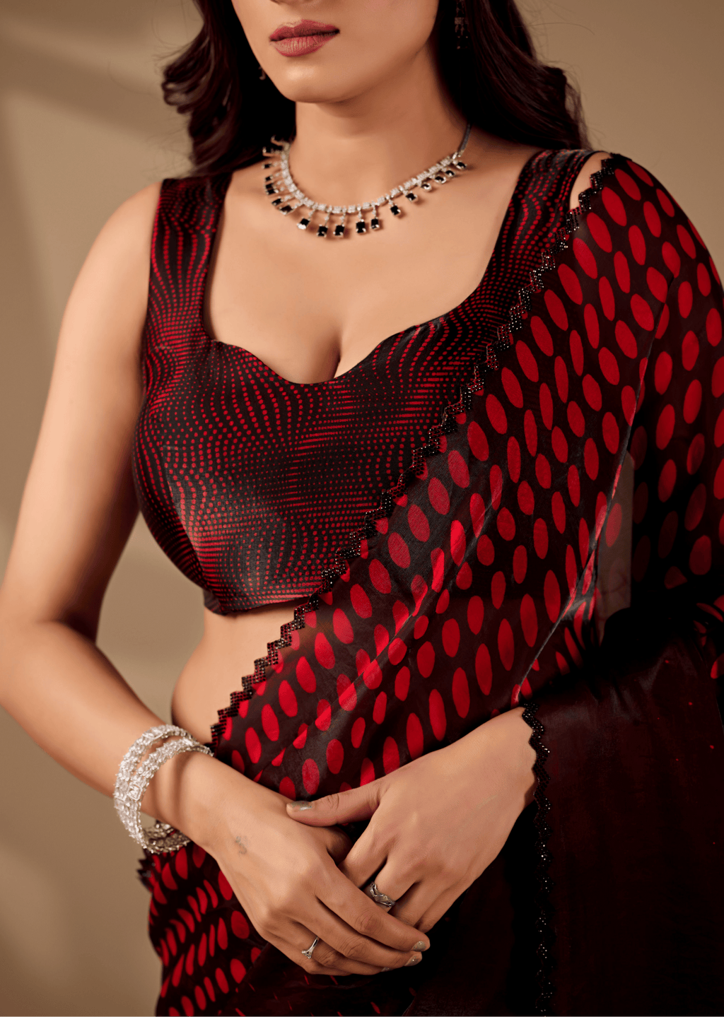 Ruby Red Organza Silk Saree With Stone Work Border