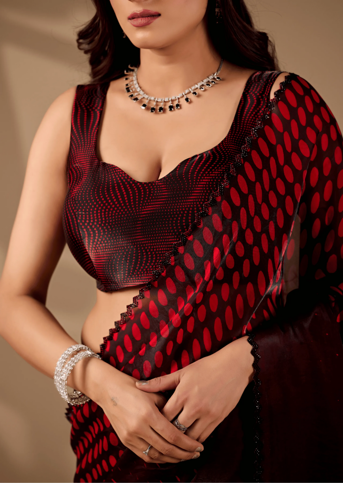 Ruby Red Organza Silk Saree Standing Look - Festive Wear Saree