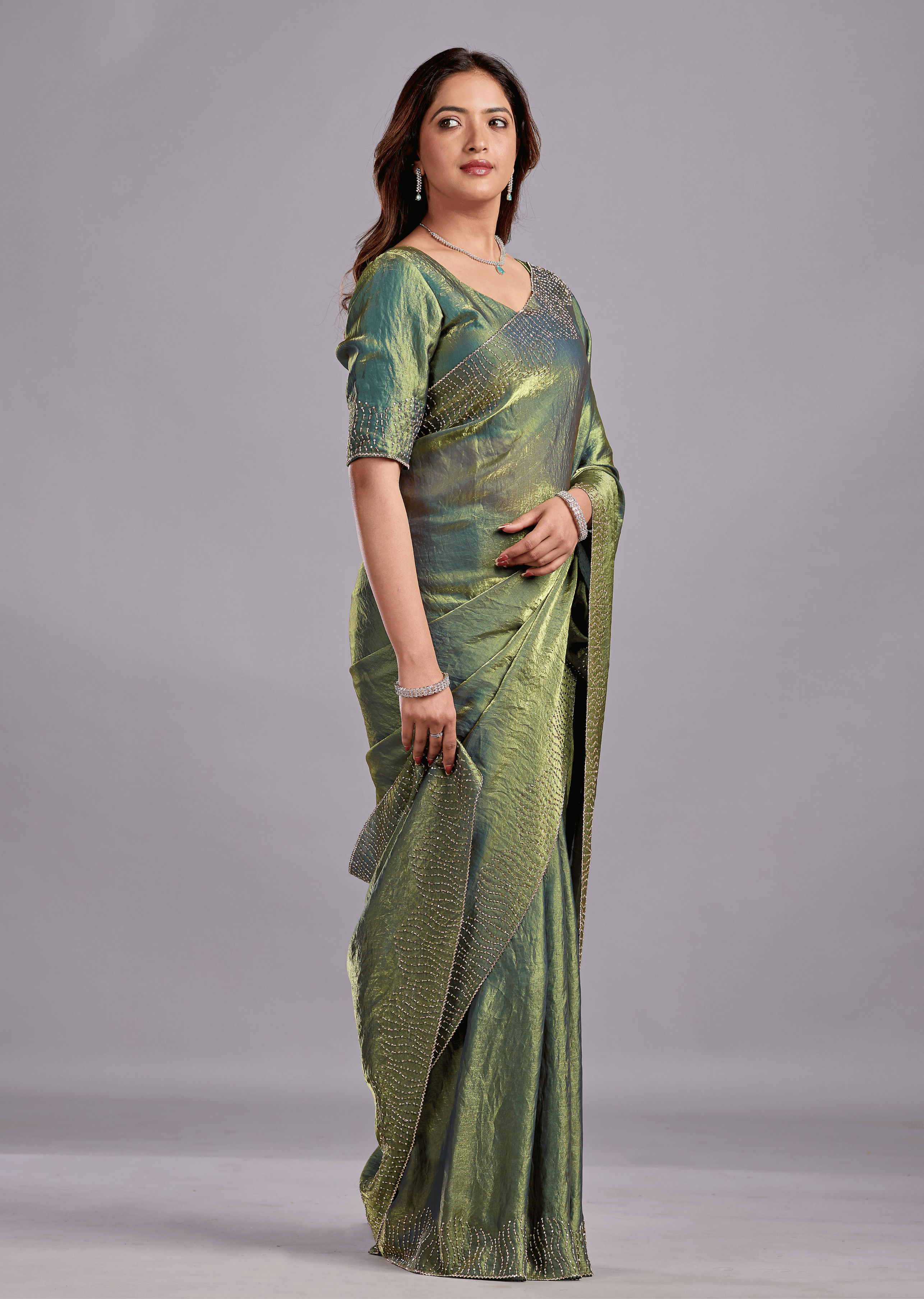 Olive Green Tissue Silk Saree With Stone Work