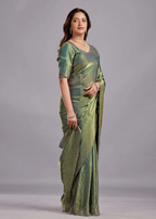 Olive Green Tissue Silk Saree Back Pose - Stone Work Detail