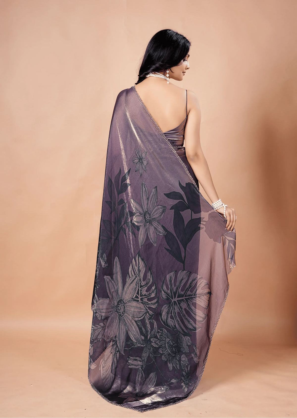 Smoky Purple Organza Silk Saree With Metallic Floral Print